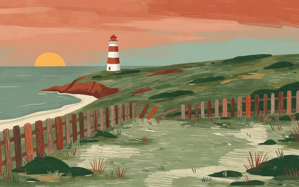Illustrated coastal bluff campsite with a vintage RV above the water