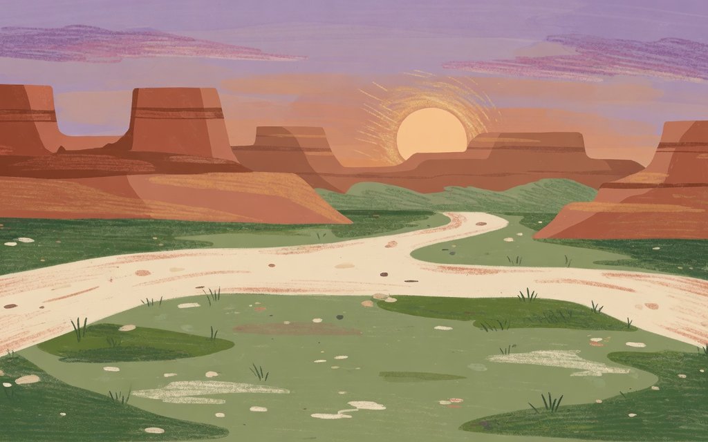 Illustrated desert campsite at dusk with a vintage RV under red rock