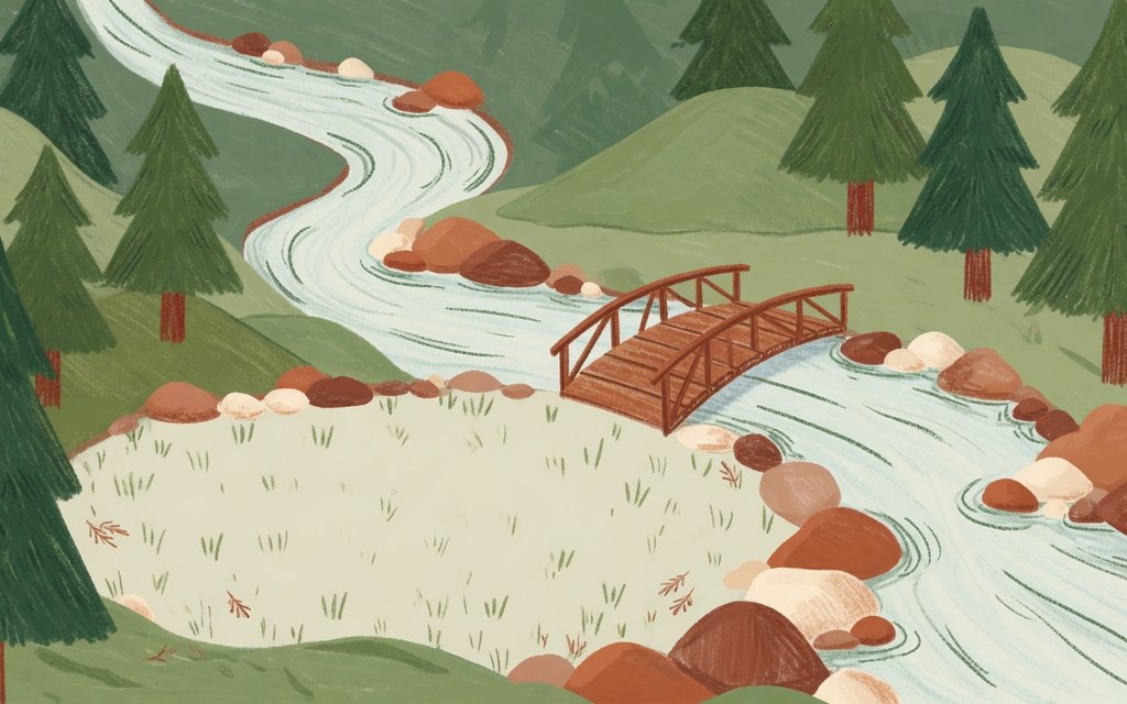 Illustrated riverside woodland campsite with a vintage RV